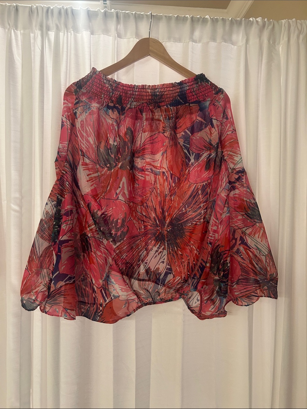 Multicolor sheer off the shoulder poncho style sleeve shirt